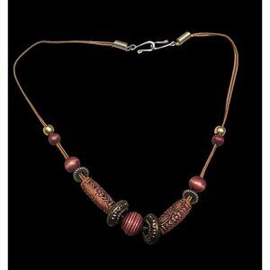 Bohemian Earthy Carved And Round Wood Beaded Necklace